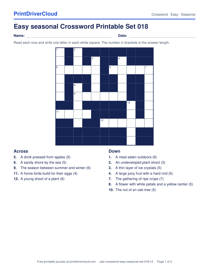 Easy Seasonal Crossword Printable Set 018 preview