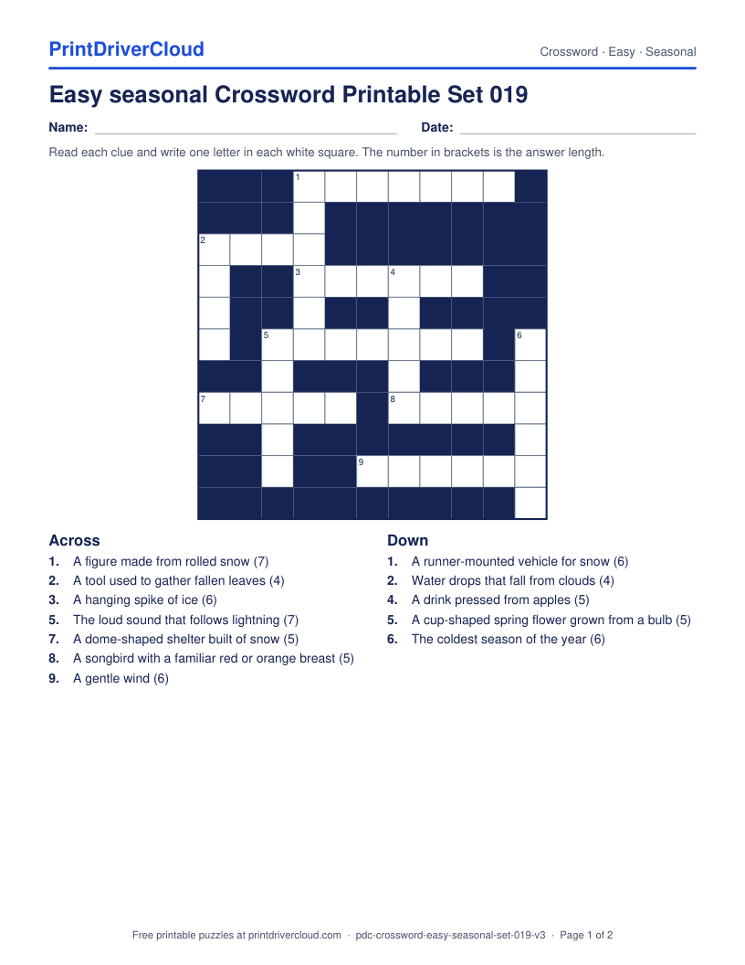 Easy Seasonal Crossword Printable Set 019 preview