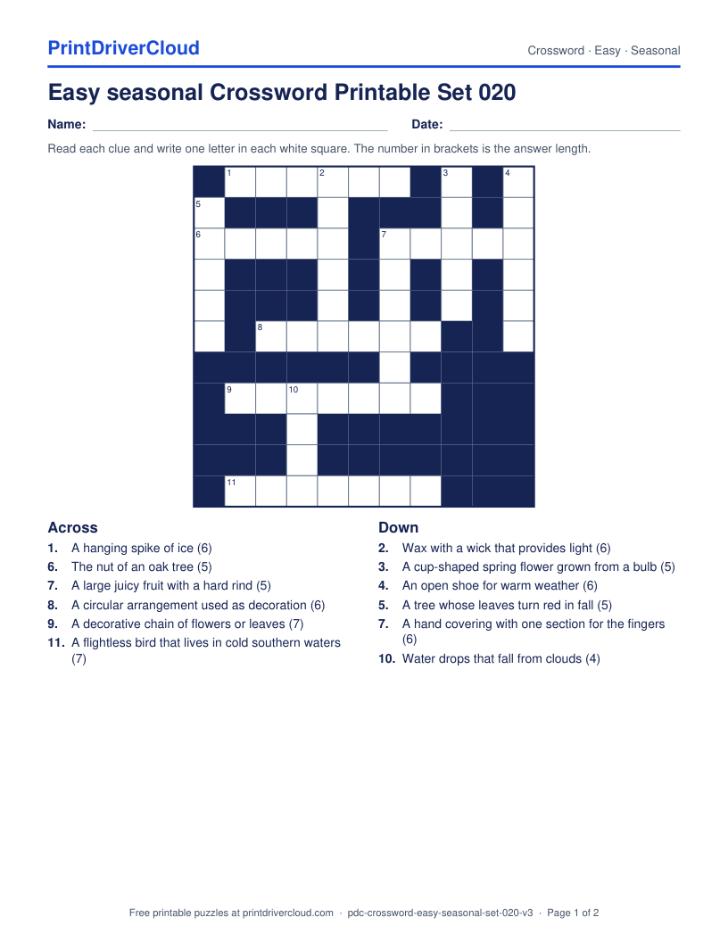 Easy Seasonal Crossword Printable Set 020 preview