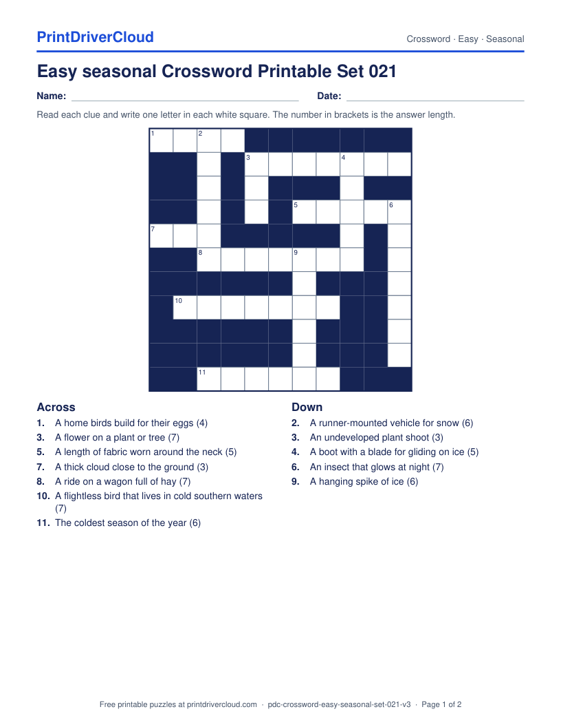 Easy Seasonal Crossword Printable Set 021 preview