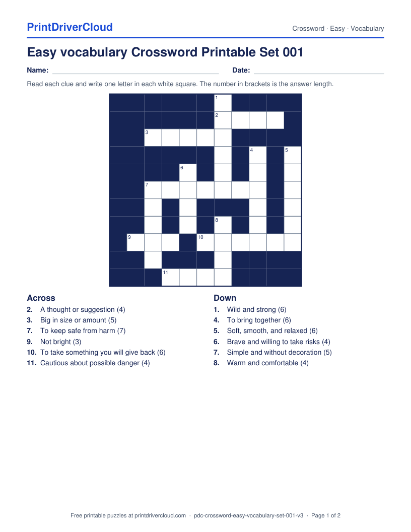 Easy Vocabulary Crossword Printable Set 001 preview