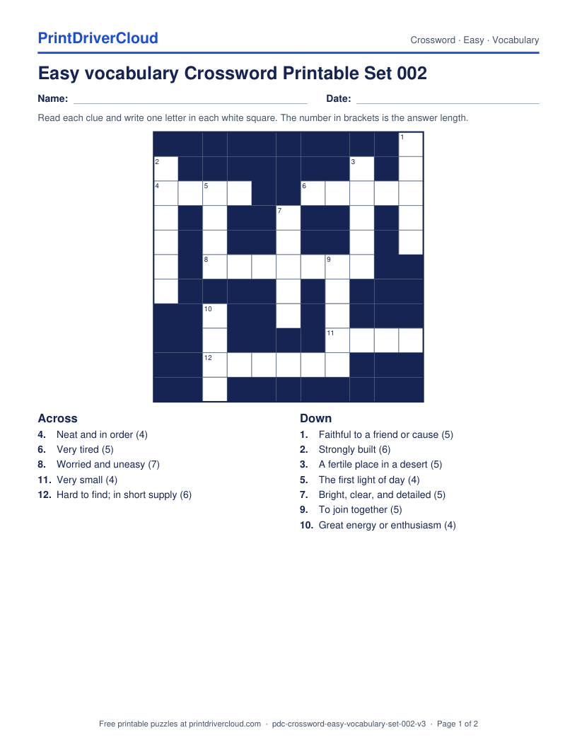 Easy Vocabulary Crossword Printable Set 002 preview