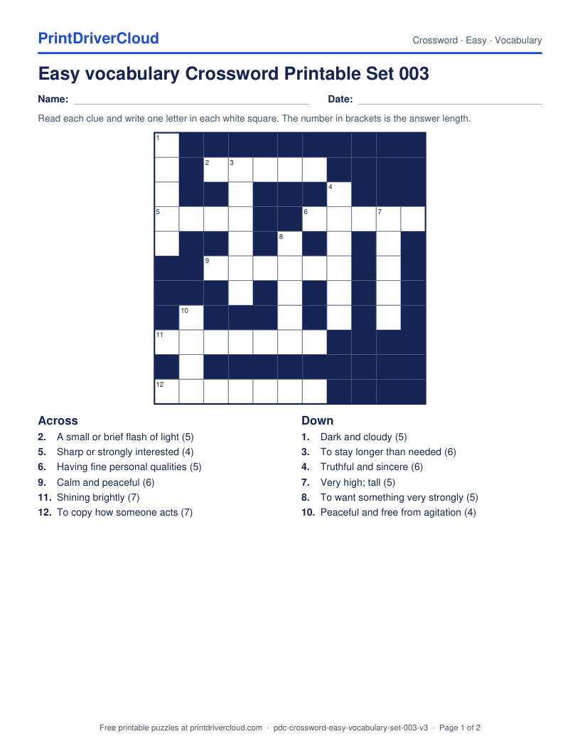 Easy Vocabulary Crossword Printable Set 003 preview