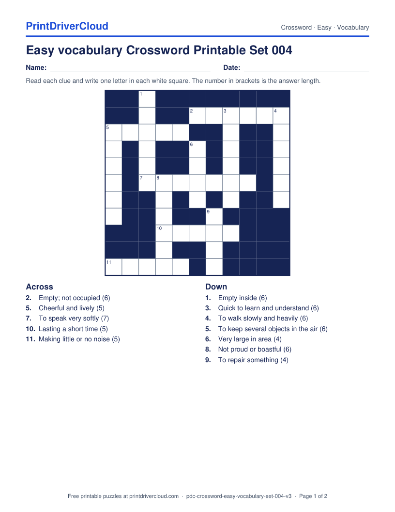 Easy Vocabulary Crossword Printable Set 004 preview