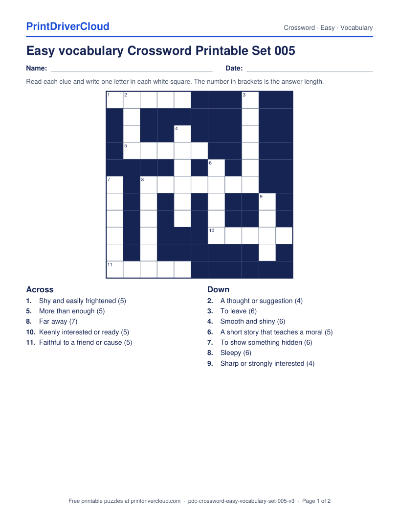 Easy Vocabulary Crossword Printable Set 005 preview
