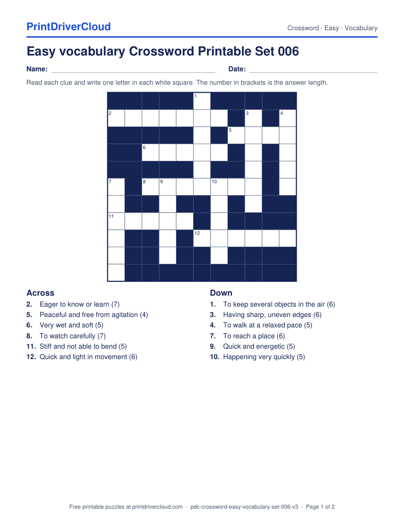 Easy Vocabulary Crossword Printable Set 006 preview