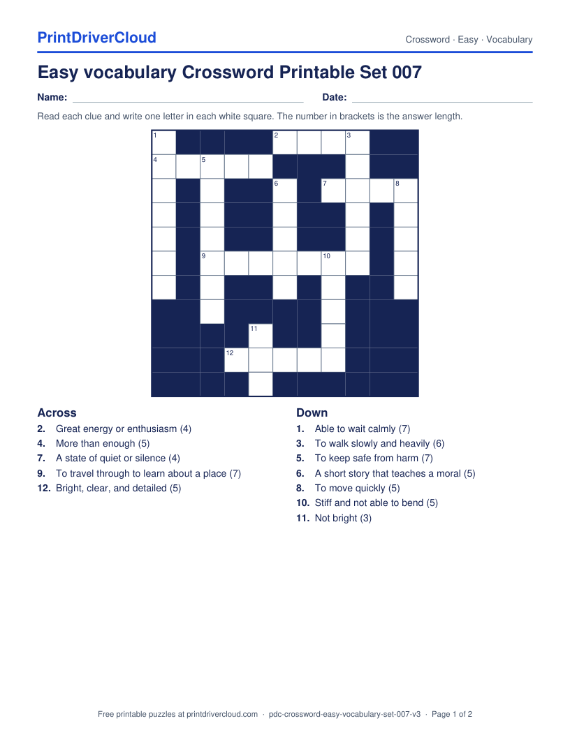 Easy Vocabulary Crossword Printable Set 007 preview