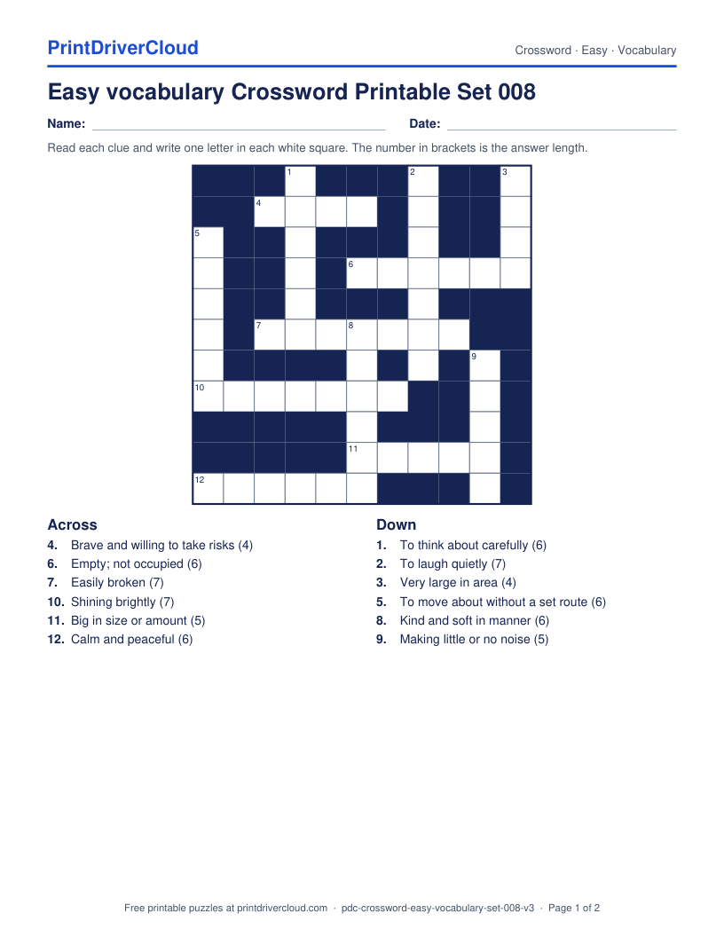 Easy Vocabulary Crossword Printable Set 008 preview