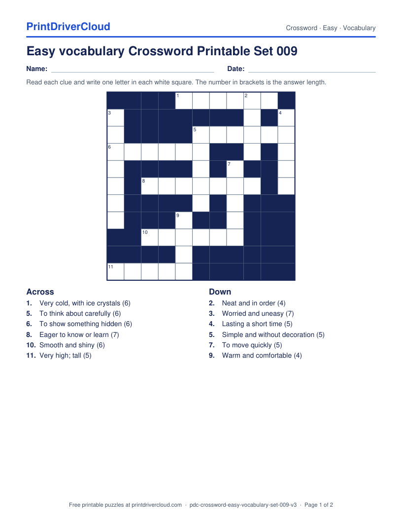 Easy Vocabulary Crossword Printable Set 009 preview