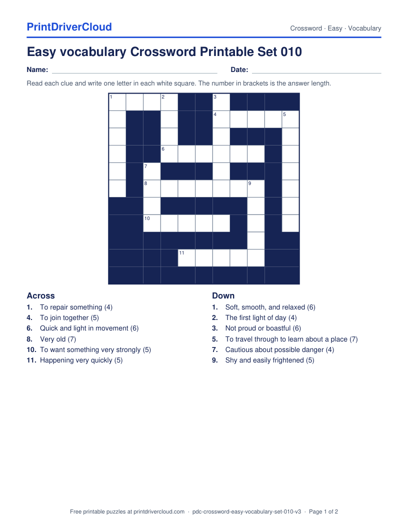 Easy Vocabulary Crossword Printable Set 010 preview