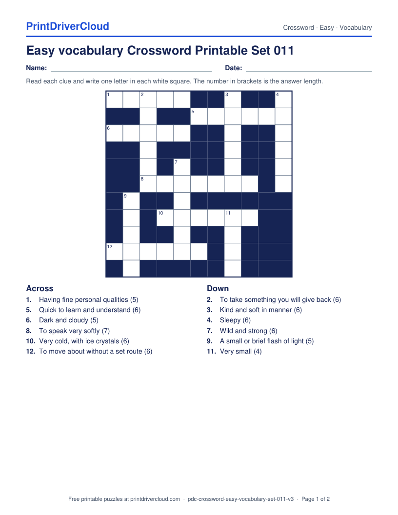 Easy Vocabulary Crossword Printable Set 011 preview