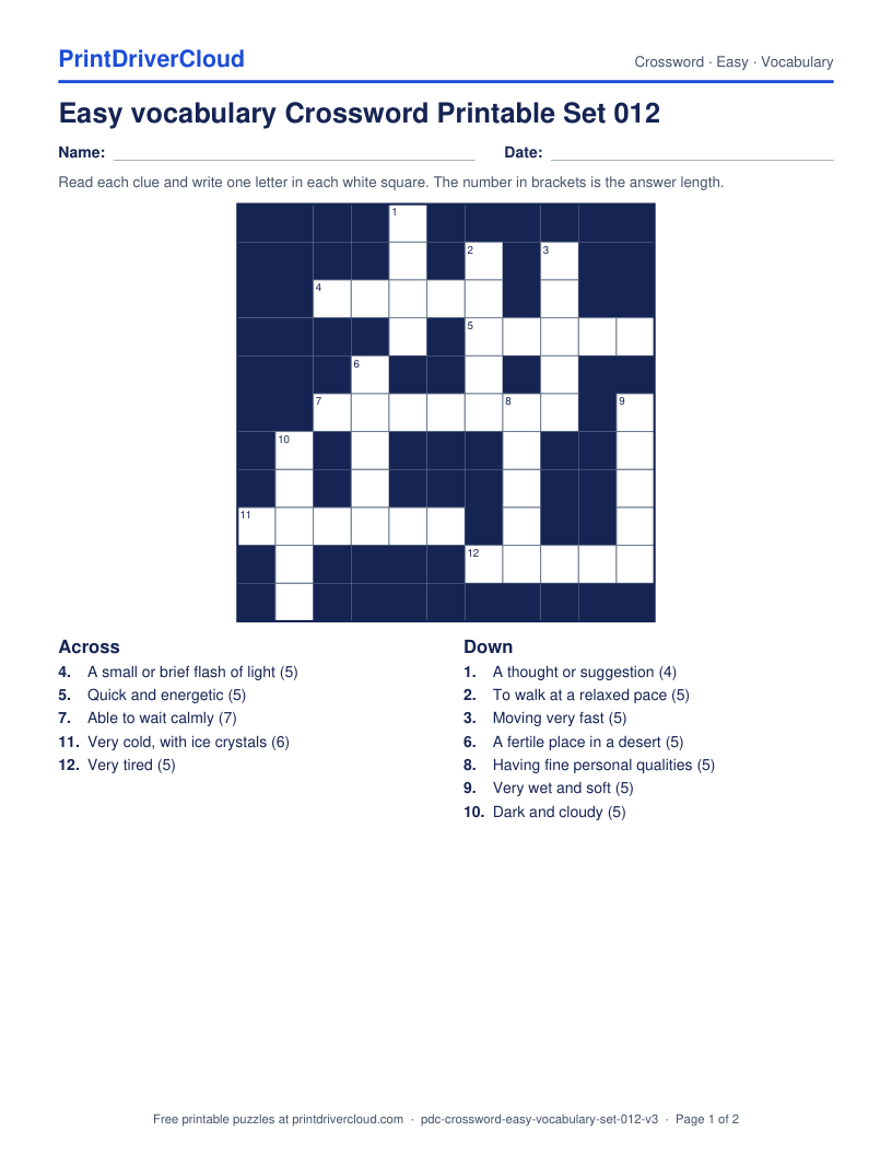 Easy Vocabulary Crossword Printable Set 012 preview