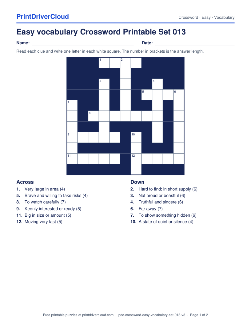 Easy Vocabulary Crossword Printable Set 013 preview
