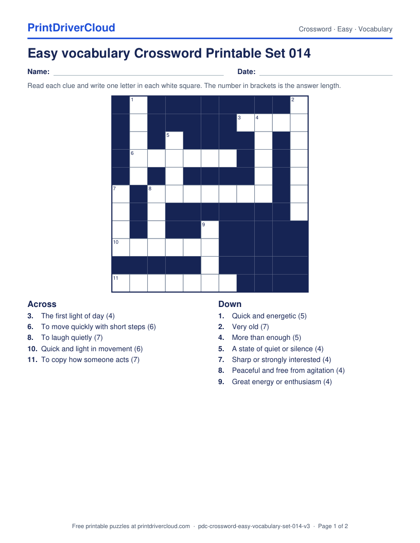 Easy Vocabulary Crossword Printable Set 014 preview