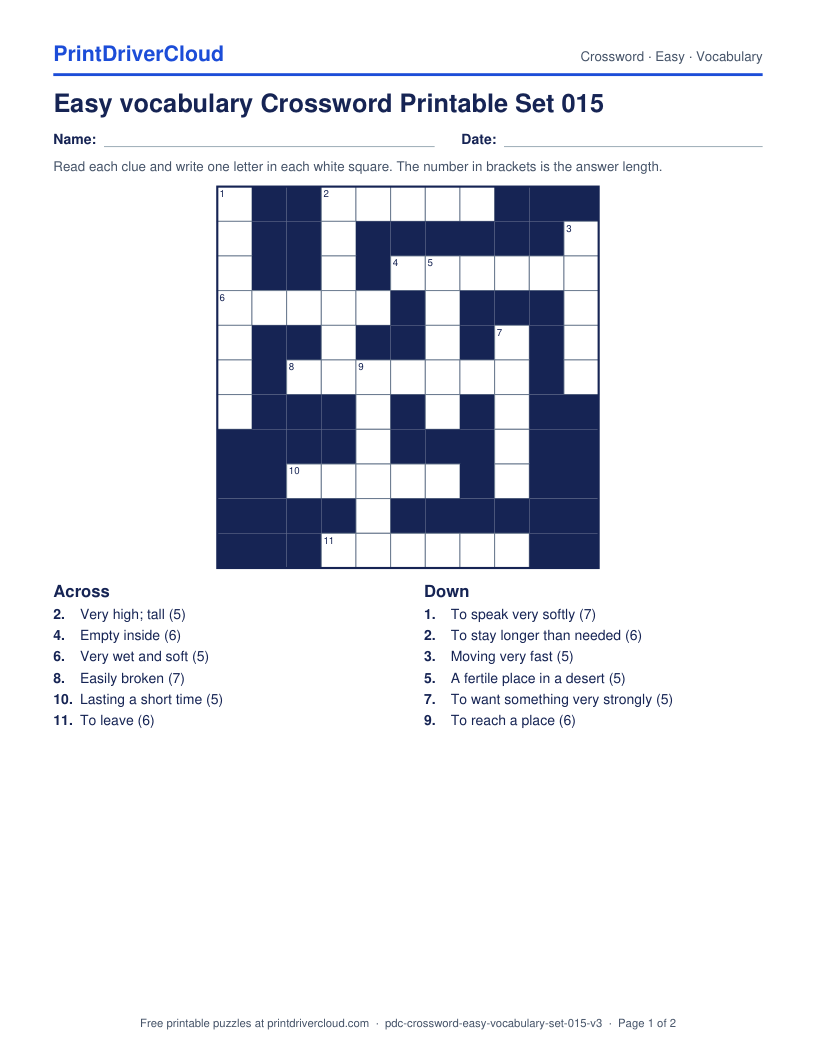 Easy Vocabulary Crossword Printable Set 015 preview