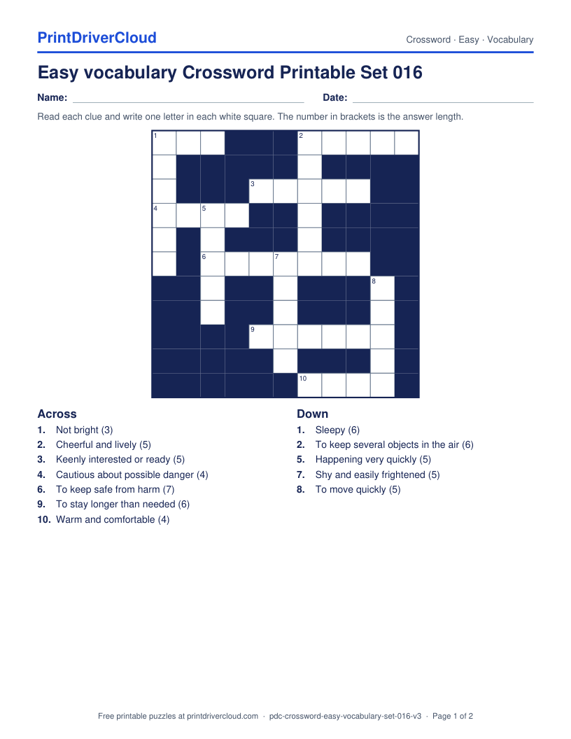 Easy Vocabulary Crossword Printable Set 016 preview