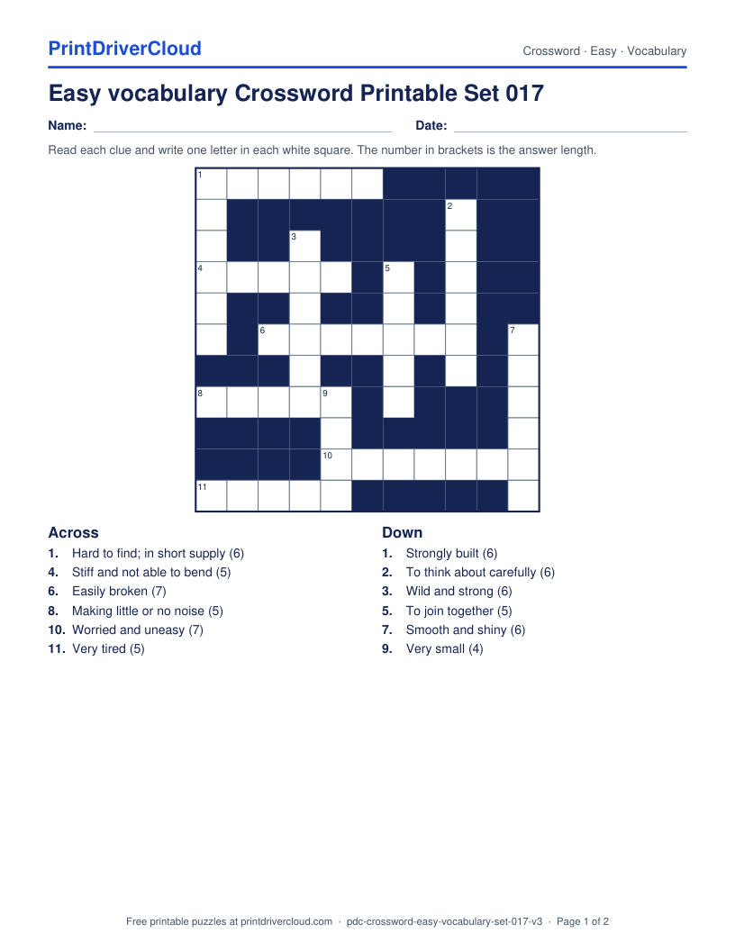 Easy Vocabulary Crossword Printable Set 017 preview