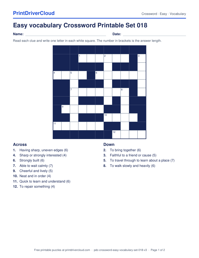 Easy Vocabulary Crossword Printable Set 018 preview
