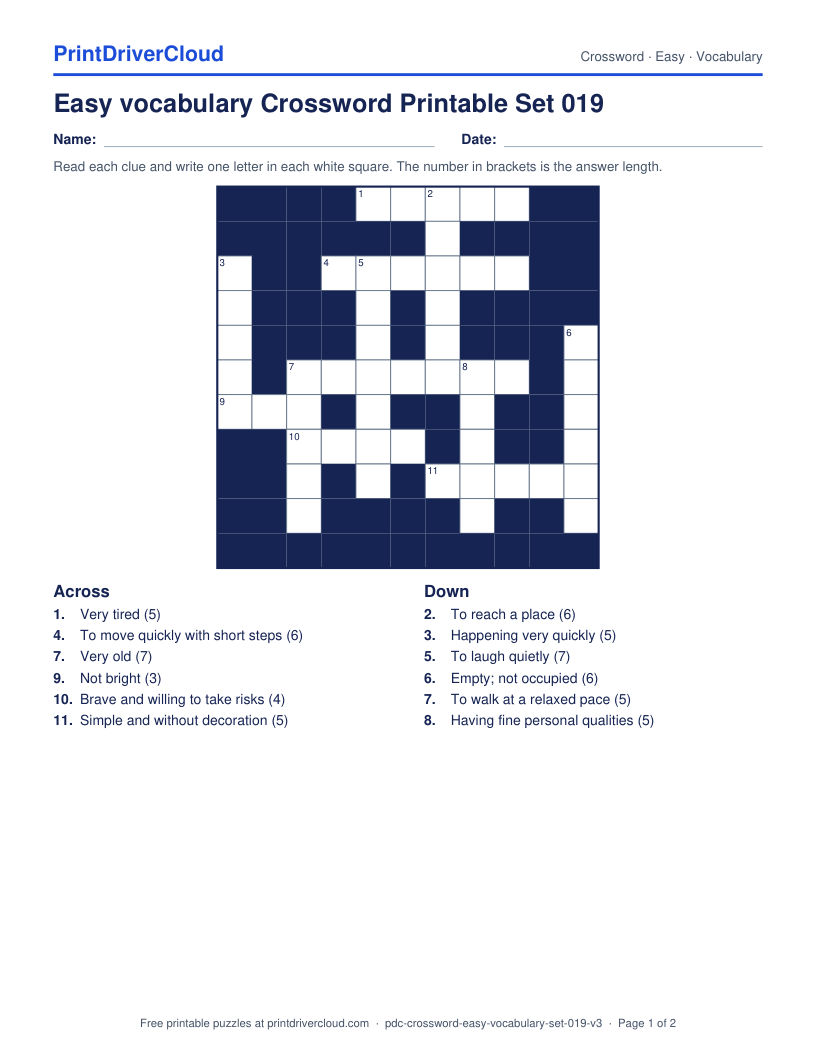 Easy Vocabulary Crossword Printable Set 019 preview