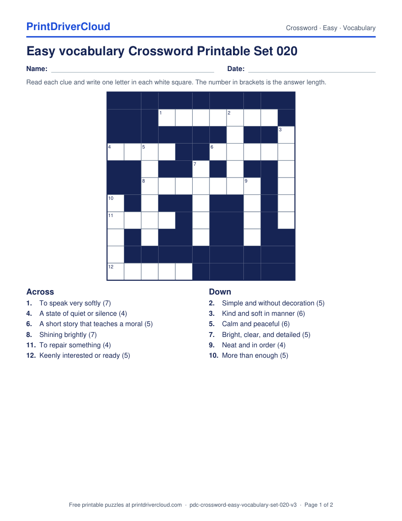 Easy Vocabulary Crossword Printable Set 020 preview