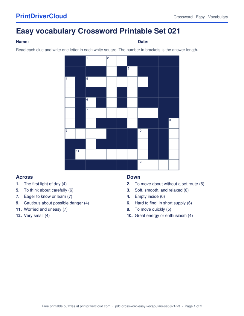 Easy Vocabulary Crossword Printable Set 021 preview