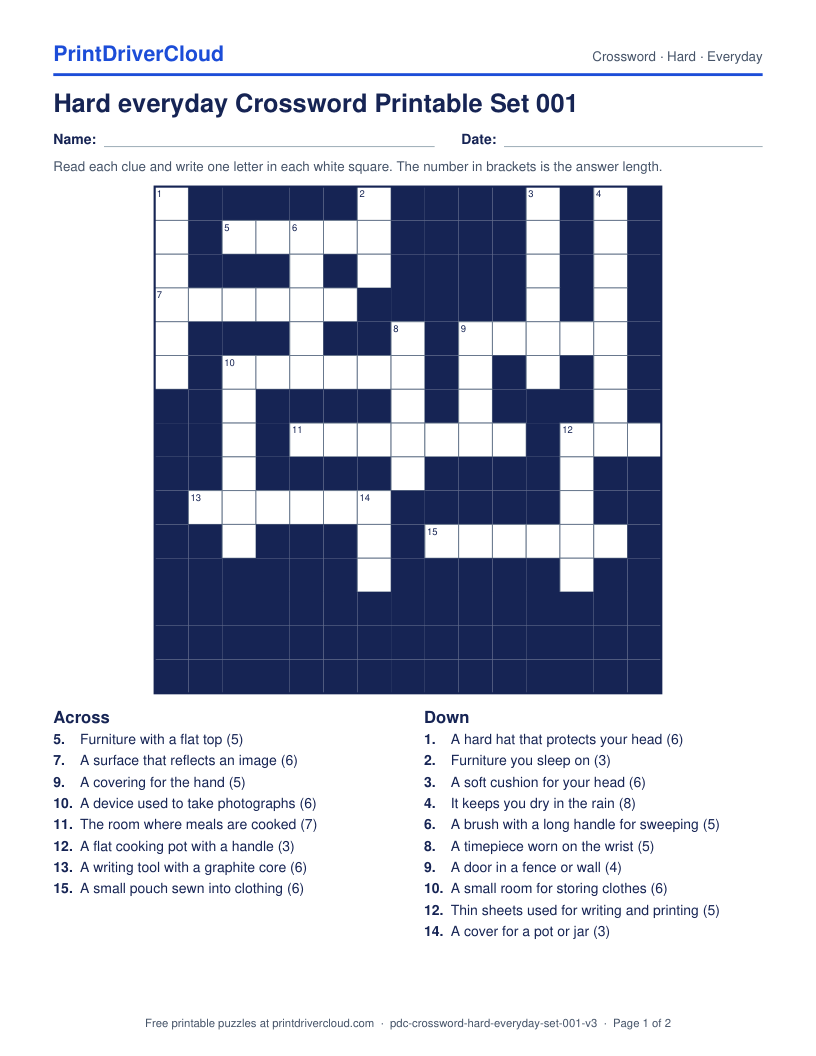 Hard Everyday Crossword Printable Set 001 preview