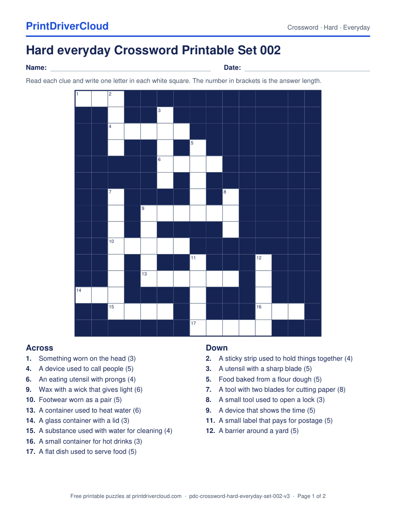 Hard Everyday Crossword Printable Set 002 preview