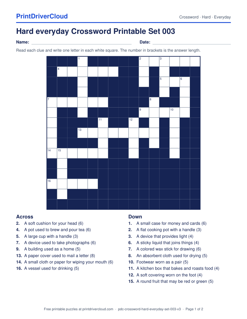 Hard Everyday Crossword Printable Set 003 preview