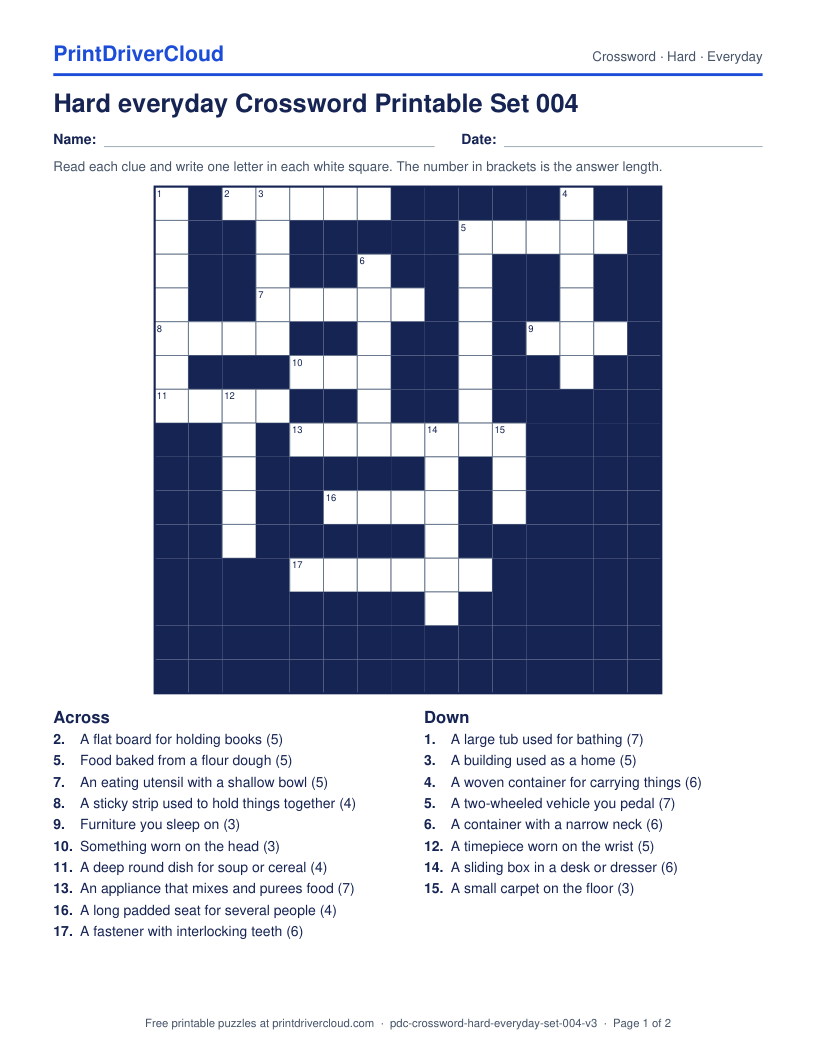 Hard Everyday Crossword Printable Set 004 preview