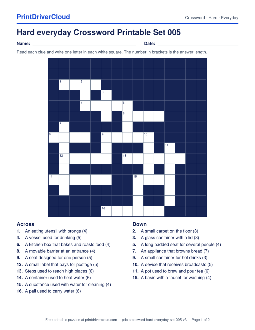 Hard Everyday Crossword Printable Set 005 preview