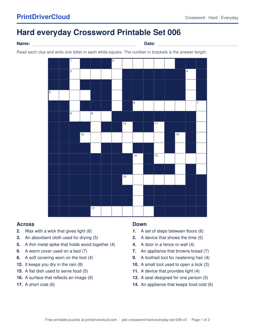 Hard Everyday Crossword Printable Set 006 preview
