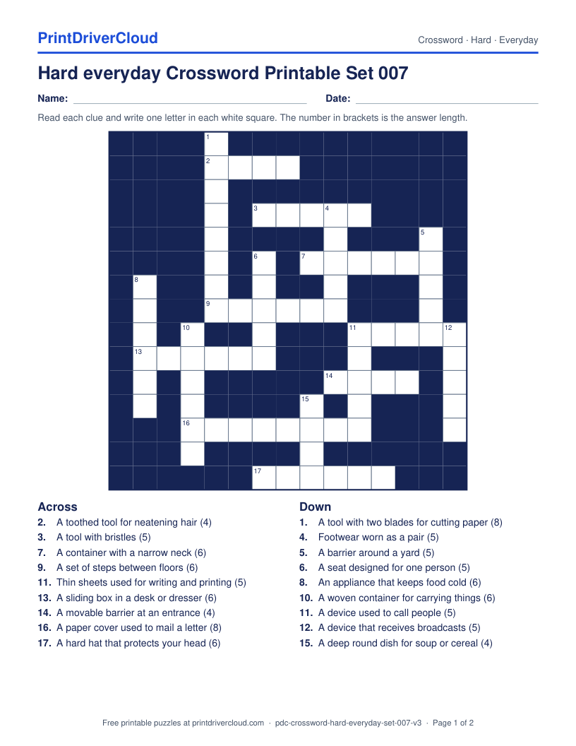 Hard Everyday Crossword Printable Set 007 preview