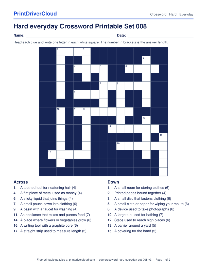 Hard Everyday Crossword Printable Set 008 preview