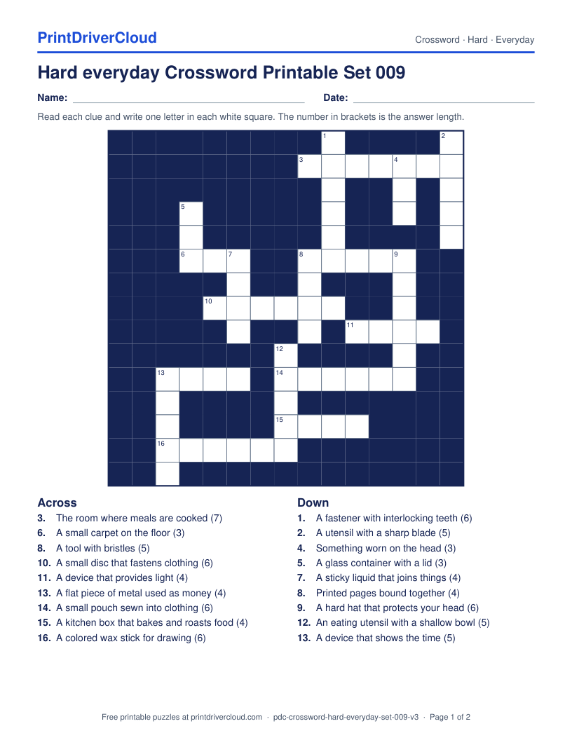 Hard Everyday Crossword Printable Set 009 preview
