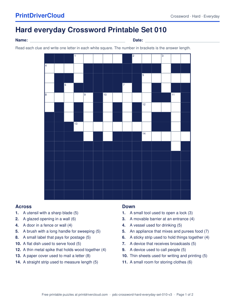 Hard Everyday Crossword Printable Set 010 preview