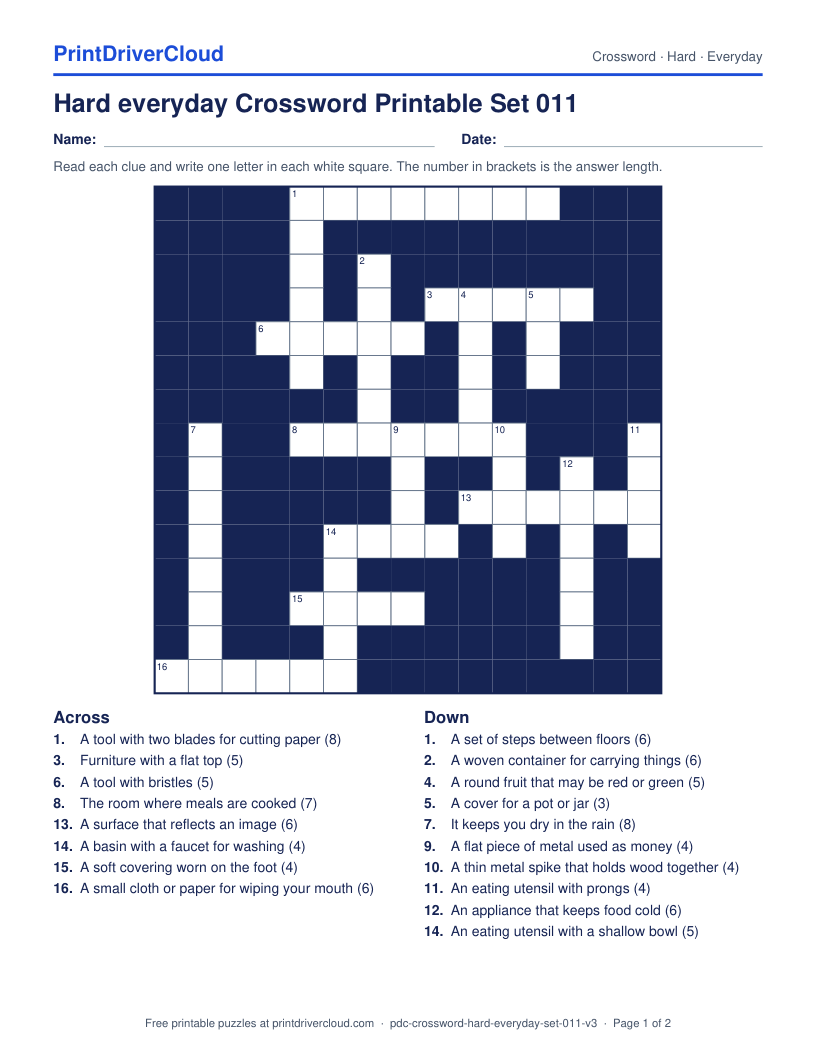 Hard Everyday Crossword Printable Set 011 preview