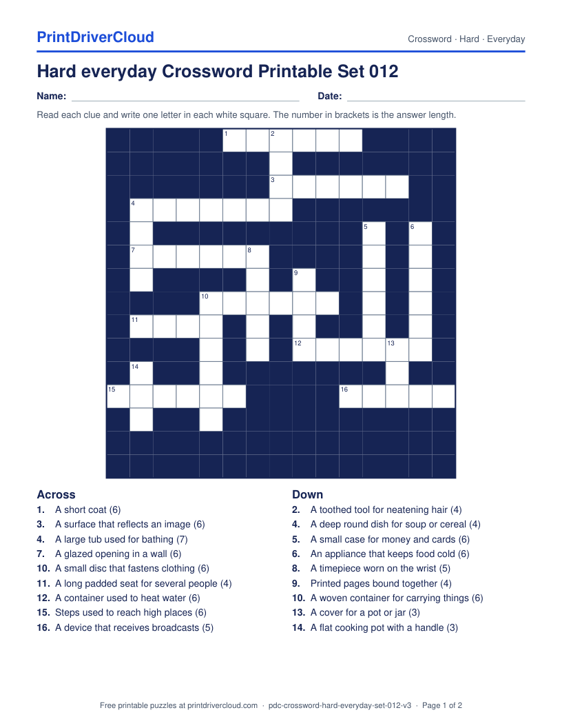 Hard Everyday Crossword Printable Set 012 preview