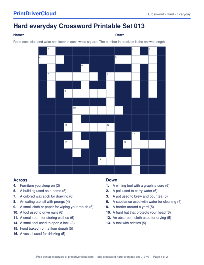 Hard Everyday Crossword Printable Set 013 preview