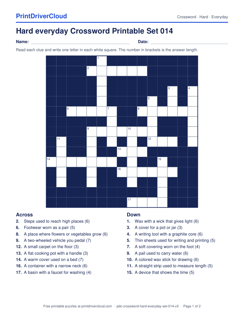 Hard Everyday Crossword Printable Set 014 preview