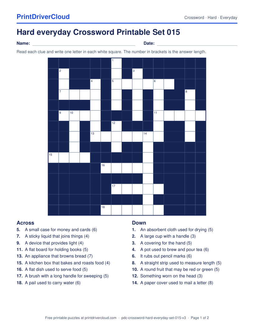 Hard Everyday Crossword Printable Set 015 preview