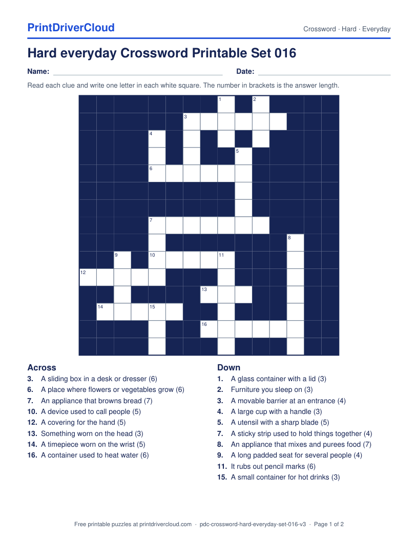 Hard Everyday Crossword Printable Set 016 preview