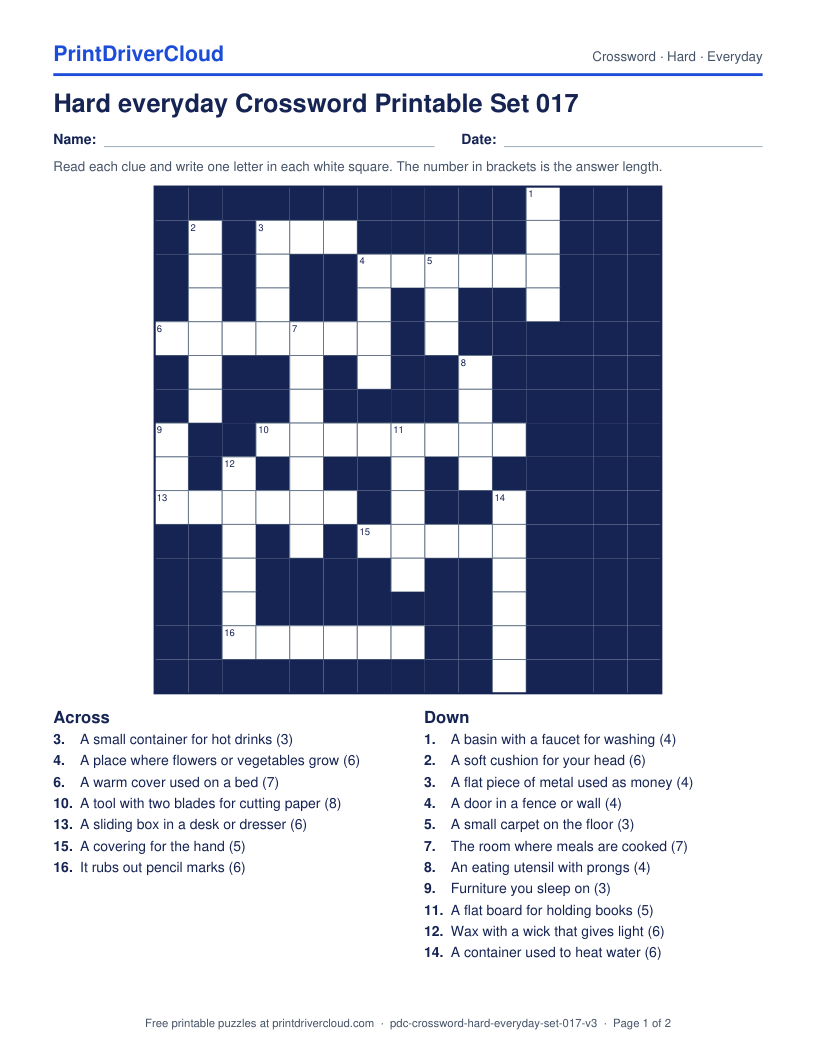 Hard Everyday Crossword Printable Set 017 preview