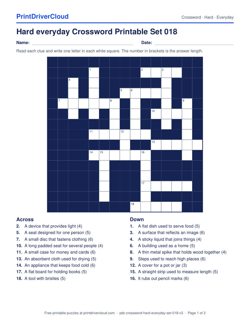 Hard Everyday Crossword Printable Set 018 preview