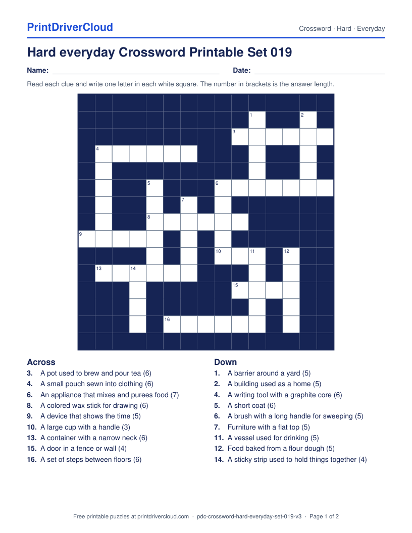 Hard Everyday Crossword Printable Set 019 preview
