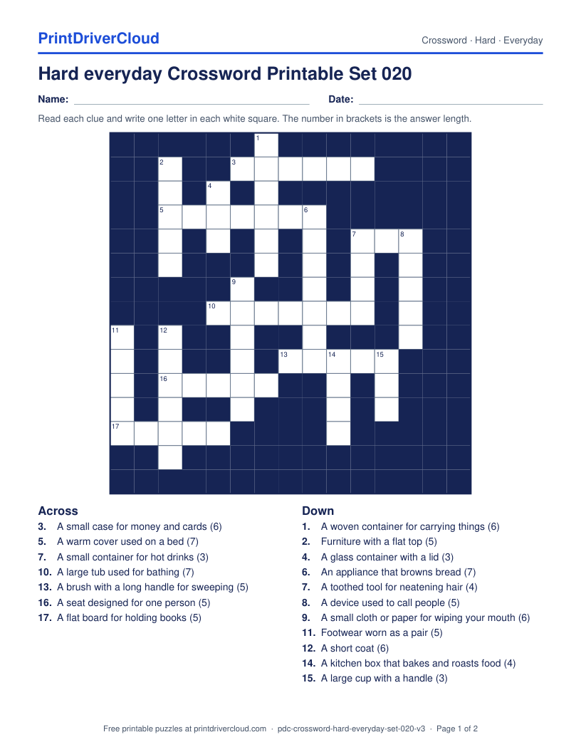 Hard Everyday Crossword Printable Set 020 preview