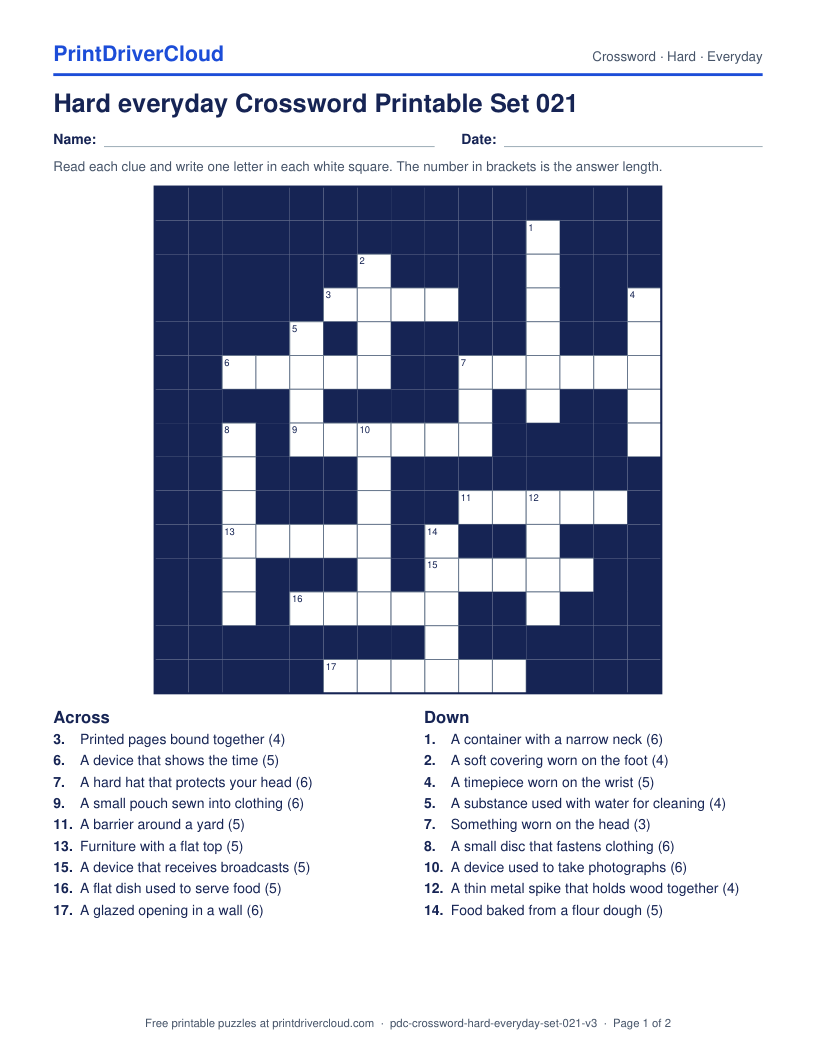 Hard Everyday Crossword Printable Set 021 preview