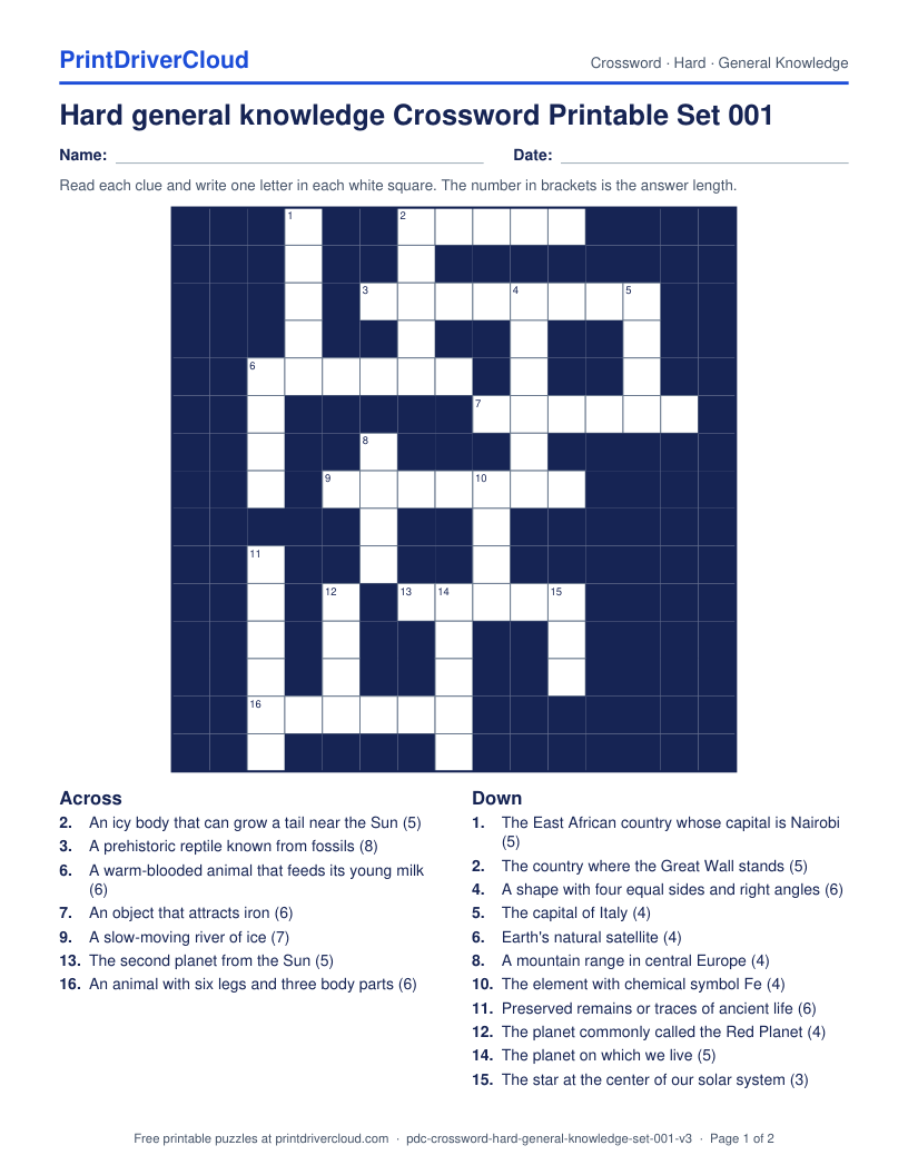 Hard General Knowledge Crossword Printable Set 001 preview