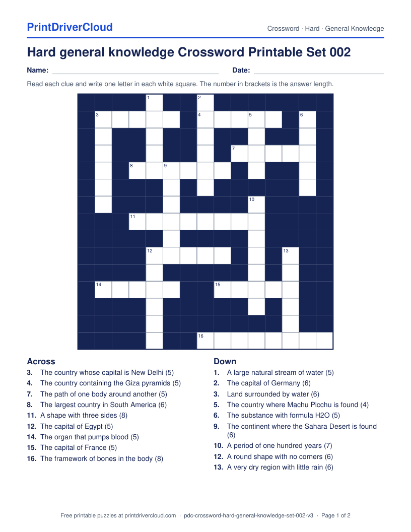 Hard General Knowledge Crossword Printable Set 002 preview