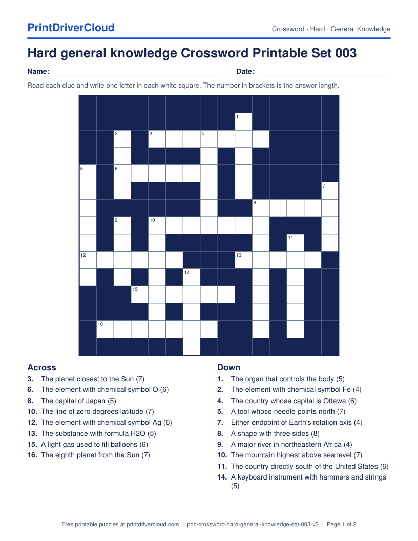 Hard General Knowledge Crossword Printable Set 003 preview
