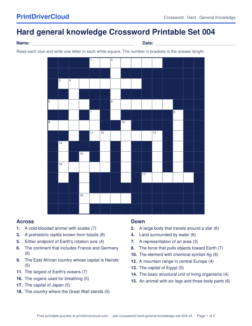 Hard General Knowledge Crossword Printable Set 004 preview